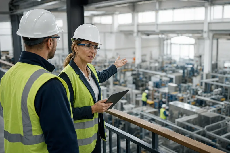 Kierowniczka zakładu omawia pracę hali produkcyjnej z brygadzistą na antresoli